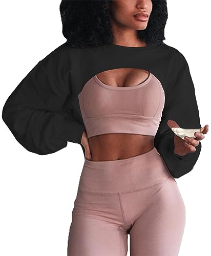 Artfish Women's Crewneck Long Sleeve Crop Hoodie Workout Gym Cutout Loose Super Cropped Sweatshirts Black S