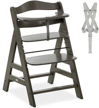 hauck Alpha+, Charcoal - Mitwachsender Holzhochstuhl aus Buche für Kinder ab 6 Monaten bis 90 kg - Inklusive 5 Punkt Gurt, Schrittgurt, Schutzbügel - Kompatibel mit viel Zubehör