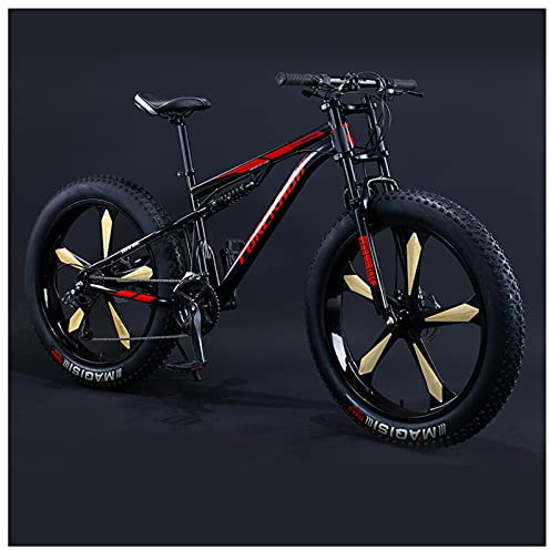 NENGGE Mountainbike Fatbike 26 Zoll Mountainbike, 7/21/24/27/30 Gang-Schaltung Erwachsene Fette Reifen Fahrrad, Rahmen Kohlenstoffstahl, Herren Damen Vollfederung Bike,Black 5 Spoke,30 Speed