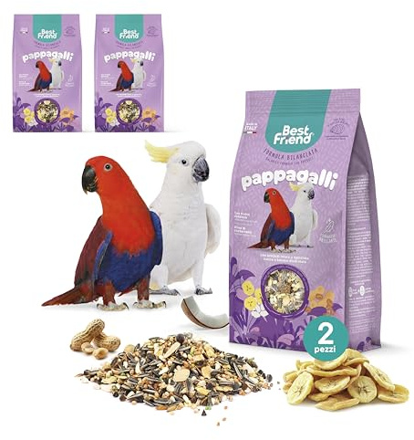 Best Friend Mangime Completo per Pappagalli con Arachidi sgusciate, Cocco e Banane Disidratate, Confezione da 2 pacchi. Mangime per gli uccelli con Ingredienti Naturali, Qualità 100% Made in Italy