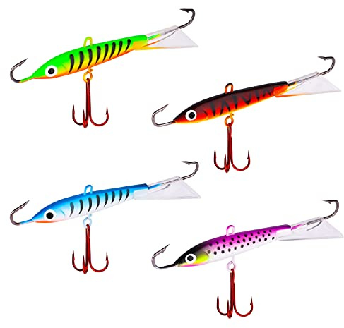 KINBOM 4st Fiskedrag Jigg Kit, Isfiskedrag med 3 Vassa Krokar Naturtrogna Vinterfiskebeten Isdragningsdrag för Crappie Bluegill Bass Galleye
