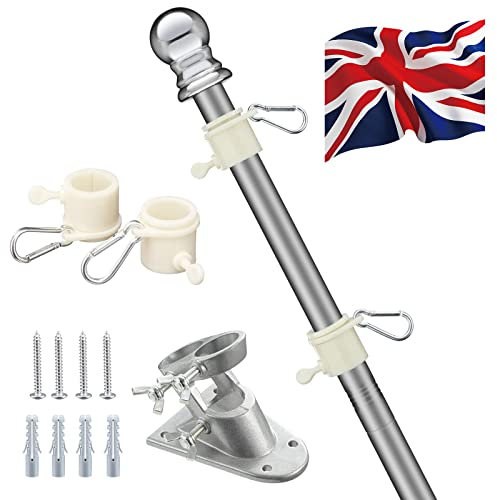 Harrms Flag Pole 6FT with British Flag, Flag Pole Kit with bracket for UK Flag, Heavy Duty Flag Poles for garden outdoors roof walls Yard