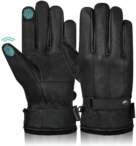 Hand Fellow Gants d'hiver en cuir nappa doux et doublure en polaire chaude pour homme, Noir , M