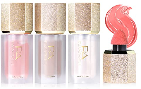 Prreal 3 PCS Soft Cream Liquid Blush Highlighter Set, Blush Makeup Matte Beauty Blush for Eyes, Cheek with Cushion Applicator, Natural High-Pigmented Blush, Long-lasting Face Blush Makeup (03+04+05)