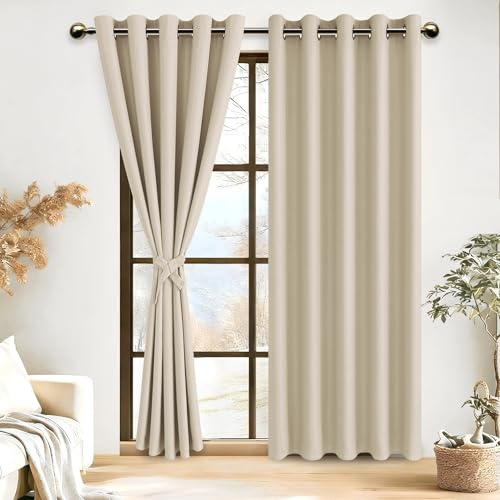DWCN Set med 2 gardiner mörkläggningsgardiner med öljetter för sovrum, dörrgardin, termiska gardiner med ringar, kök, spets, klar, 167 x 228 cm (B x H), gräddvit beige