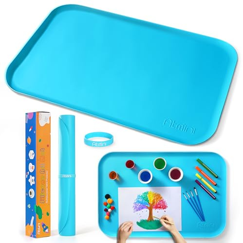 AtMini Silicone Mats for Crafts, Sand Art, Paint, Resin, Handmade Jewelry, Draw, Multipurpose Table Mat with Raised Edges to Keep Clean, 24¡Á16 Mat (Blue)