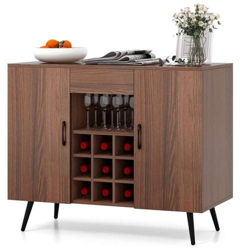 COSTWAY Kitchen Buffet Sideboard, 2-Door Wine Storage Cabinet with Removable 9-Bottle Wine Rack, Drawer & Adjustable Shelves, Wooden Server Cupboard for Dining Living Room, Walnut