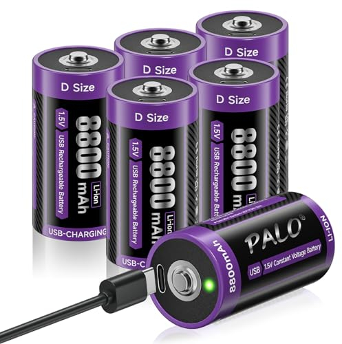 Mspalocell Baterías de Litio USB-C D 8800mAh Mono LR20 Batería 1.5V Carga Rápida Tipo-C Baterías con Cable de Carga, Baja Autodescarga, con Luz de Carga, 1500+ Ciclos, Paquete de 6 Baterías D
