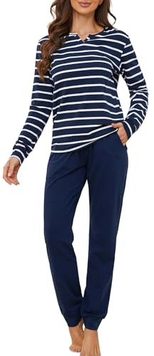 ZOEREA Schlafanzug Damen Pyjama Set Lang Zweiteiliger Nachtwäsche V-Ausschnitt Elastischer Bund Langarm Hausanzug mit Karierte Hose für Frühling Herbst Marineblau, M