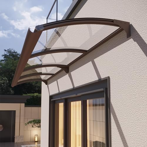 Transparente Fenstermarkise,65/80/100/120/150cm Pultvordach,Pultbogenvordach,Haustürvordach,Terrassenüberdachung,Regenschutz Eingangsmarkise,mit Brauner Halterung (80x450cm/31 x177)