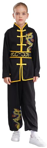 renvena Unisex Bambino Kung Fu Tai Chi Uniforme Abbigliamento per Arti Marziali Maniche Lunghe 2 Pezzi Costume Tradizionale Cinese Wushu Qigong Shaolin Nero 5-6 anni