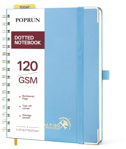 POPRUN Cahier Spirale Pointillé A5 Carnet de Notes 120 g/m², Bleu Brume | 141 Pages Carnet Pointillé, Couverture Rigide, Poche, Onglets, 8 Feuilles Perforées, pour Bullet Journaling, Bureau