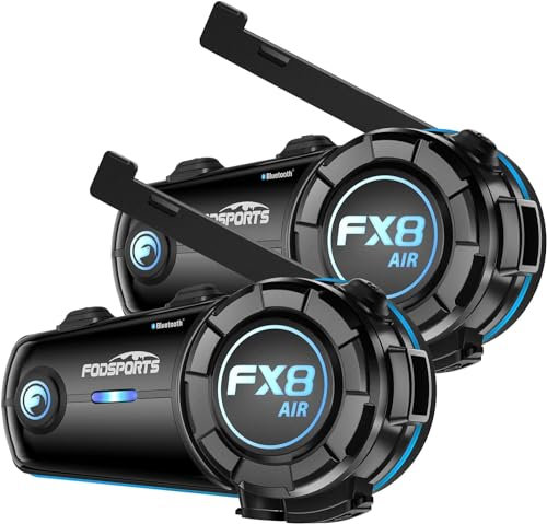 Fodsports FX8 AIR Motorrad Headset, Bluetooth Motorradhelm Headset für 6 Motorräder mit Reichweite von 1500m, Intercom Motorrad mit Antenna, Musik Teilen, FM Radio, 3 Soundeffekte, 900mAh, 2 Paket