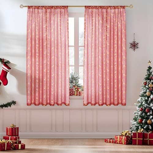 MRTREES Weihnachts gardinen Vorhang rot mit Goldener Weihnachtsbaum Vorhang 137 cm lang 140 cm breit gardinen kurz für Wohnzimmer,kinderzimmer,Store,küche 2er Set