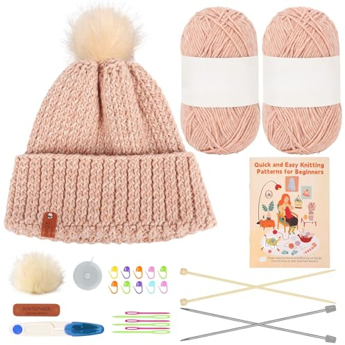 Reessy Knitting Kits for Beginners Adults, Beanie Hat Knitting Starter Kit for Adults Learning to Knit Include Knitting Book 2 Pairs Knitting Needles Soft Yarn Balls and Leather Labels