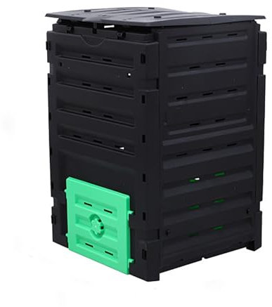 Contenedor de compostaje, 120 galones (450 l), caja de compostaje grande para exteriores con tapa abatible superior, puerta de salida inferior, barril de compostaje de basura de alimentos para jardín