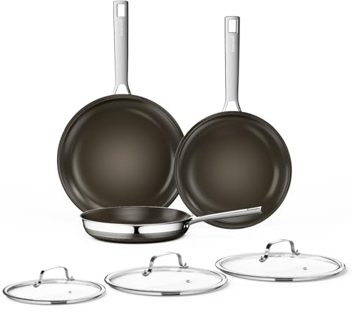 Innerwell Padella in Ceramica con Coperchio 20+24+28 cm, Triplo Strato a Nido d'ape in Acciaio Inox con Ceramico Antiaderente in Titanio, Induzione, Senza Pfoa, Marrone