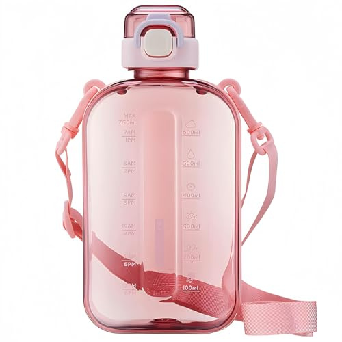 SEASEVEN Flat Water Bottle 750ML for Gym,School Office(Flat Pink) | Drinks Bottle,26oz Water Bottles with Time Markings,Girls Boys Waterbottle Leak-Proof & Bpa-Free for Outdoor