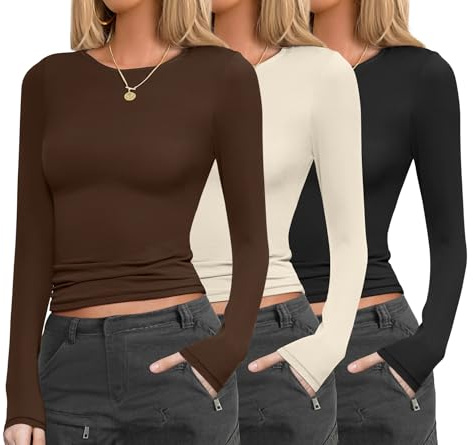 Ekouaer Long Sleeve Tops Women Basic Thermal Top Winter Longsleeve Tshirt Warm Fitted Layering Top 3 Pack, Black/Beige/Brown, L