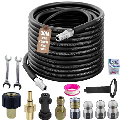 30M Déboucheur Canalisation Haute Pression,compatible avec Kärcher k2-k7, Lavor, Bosch, 400 Bar / 5800PSI Tuyau Nettoyeur Haute Pression, Kit Nettoyage Pro avec 4 Buses et 2 Adaptateurs