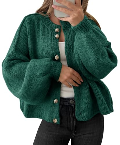 Saodimallsu Womens Oversized Cardigans Button Up Long Lantern Sleeve Chunky Knit Casual Soft Fall Sweater Coats Green