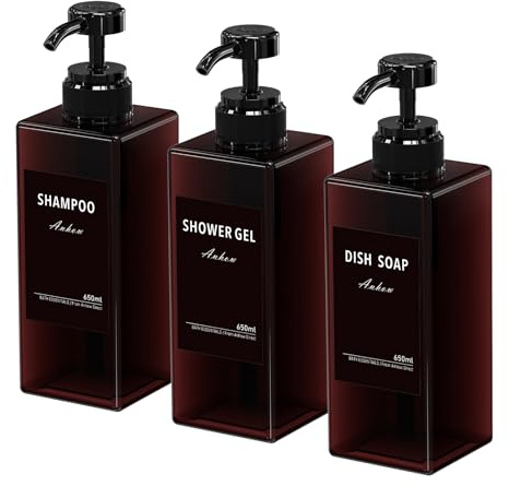 3 Pcs Dispensador Jabon Baño, Botes para Gel y Champu Recargable 650ml Dispensador Gel y Champu Ducha Jabonera Baño con 16 Etiqueta Impermeable, para Baño, Viajes, Hoteles - Marrón