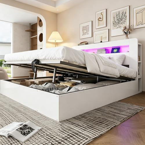 Sweiko Lit Coffre 180x200cm avec Tête de Lit LED et Prises Intégrées, Cadre de Lit Bois avec Vérin Hydraulique, Meuble Gain de Place pour Chambre