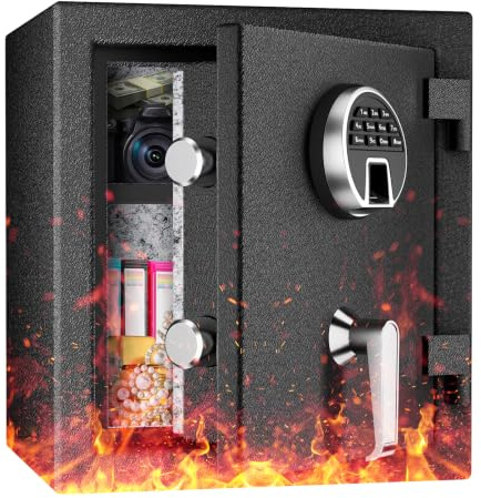 WASJOYE Biométrico Caja Fuerte Ignífuga, Caja Fuerte para Huellas Dactilares con Teclado Digital y Carga Tipo C, Caja Fuerte Convencionale Impermeable para Efectivo la Hogar Oficina Hotel, 45L