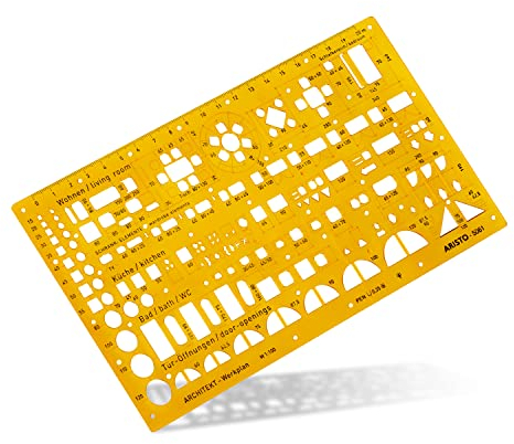 Aristo AR5061 Architektur Kombi Schablone 2 (1:100, Symbole für Grundrissdarstellung, Tuschenoppen, formstabiler PET-Kunststoff) orange-transparent