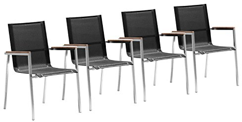 Zelsius 4X Premium Gartenstuhl aus Edelstahl mit Teak Holz Armlehne | 55 x 56 x 88 cm | schwarz | Balkonstuhl für Garten und Terrasse | Stapelbar und Wetterfest | Terrassenstuhl, Gartensessel, Balkon