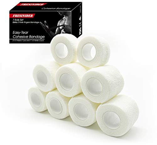 FRESINIDER 9 Rolls Self Adhesive Wrap Athletic Tape Gauze, Breathable Elastic Cohesive Bandage for Sports Injury & Pet (7 Pcs 2 x 5 Yards + 2 Pcs 1 X 5 Yards) (White)