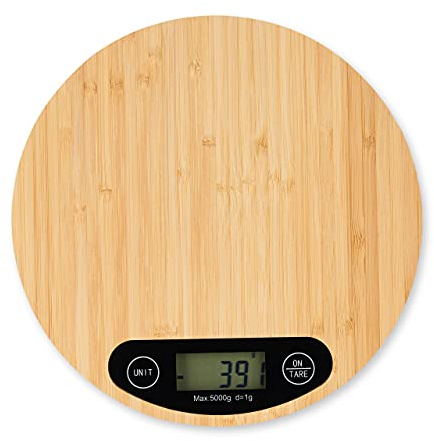 Relaxdays Digitale Küchenwaage aus Bambus, LCD-Anzeige, Tara-Funktion, Tragkraft 5 kg, runde Digitalwaage, Durchmesser 20 cm, Naturfarben, 2 x 20 x 20 cm