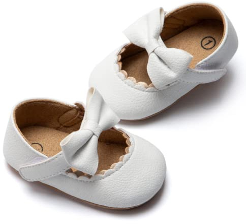 HsdsBebe Infant Baby Girls Mary Jane Flats Bow Non-Slip Soft Sole Princess Toddler First Walkers Sneaker Wedding Dress Shoes(HM1628 White,3)