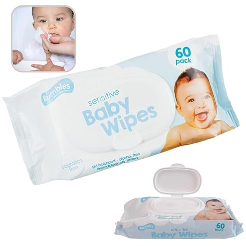 60Pcs Sensitive Baby Wipes 22cm - Fragrance Free, Alcohol Free, Lightly Scented, Luxury Eco-Friendly Fresh-Feel Rinse-Free Fragrance-Free Bed Bath Intimate-Care Soft Sheets