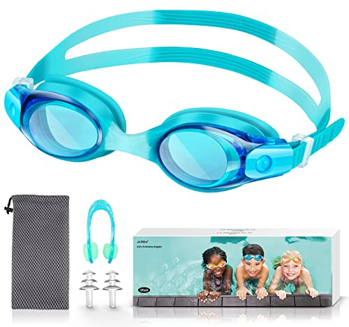 Schwimmbrille Kinder,Taucherbrille für Jungen und Mädchen,Anti UV-Schutz Kein Leck Schwimmbrillen,Anti-Beschlag Wasserdicht Swimming Goggles Set mit Ohrstöpsel und Nasenclip