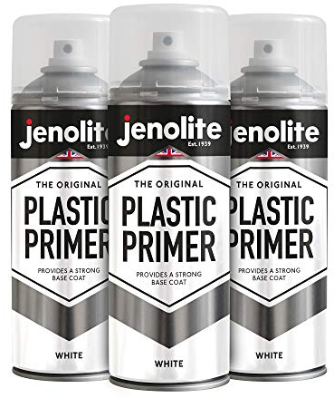 JENOLITE Lot de 3 bombes de peinture d'apprêt plastique - Blanc - 400 ml - Apprêt plastique de qualité supérieure - Favorise l'adhérence - Peinture aérosol pour automobile, meubles de jardin, modèles