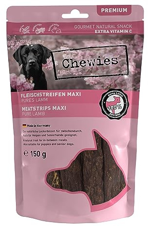 Chewies Fleischstreifen Maxi aus 100% Lamm - 150 g - Fleischstreifen für Hunde - getrocknete Lammfleisch Kaustreifen - hypoallergen & getreidefrei - Dörrfleisch vom Lamm