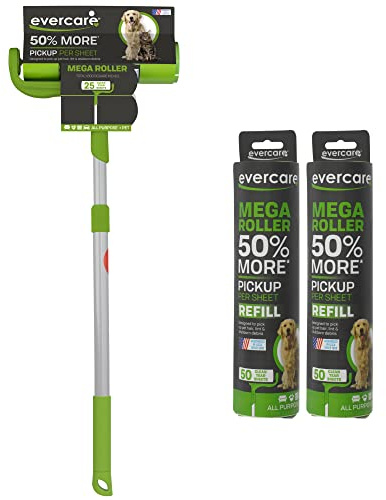 Evercare Pet Mega Lint Roller Value Pack with Two 50-Sheet Refills - Includes Refillable Lint Roller, Adhesive Sheets, Versatile Cleaning Uses, Home and On-The-Go Use, Extendable Handle