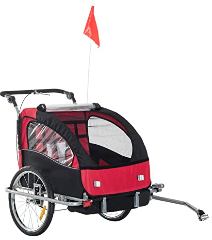 HOMCOM Kinderanhänger Radanhänger mit Fahne einklappbarer Fahrradanhänger für 2 Kinder mit Regenschutz atmungsaktiv Oxfordgewebe Rot 155 x 88 x 108 cm