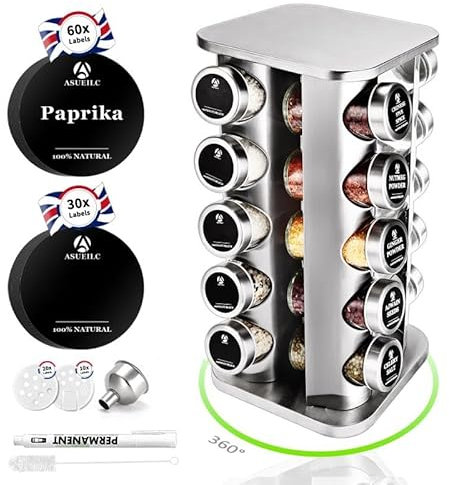 Asueilc Spice Racks Square-Shaped, Rotating Spice Rack with 20 Spice Shaker, Spices Rack with 60 Labels in English, Free Standing Spice Rack Rotated 360°, Seasoning Rack For Kitchen Spices