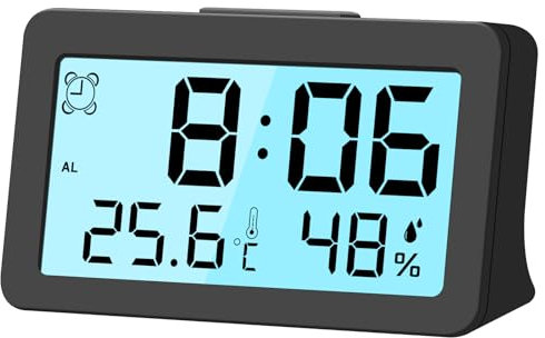 LXSZRPH Digital Alarm Clock, Mini Desk Clock, Backlight, Loud Volume, Battery Operated, Temperature Humidity Display, LCD, Easy to Use, Portable (1, Black)