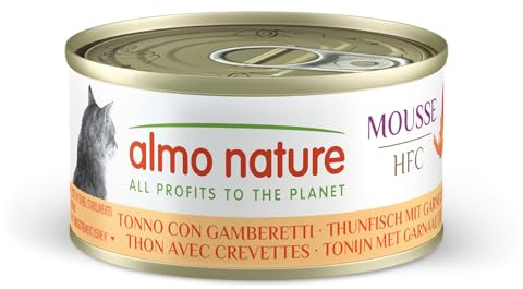 Almo Nature HFC Mousse, mat för vuxna katter, tonfisk med räkor, kornfri, spannmålsfri, 24 burkar 70 g