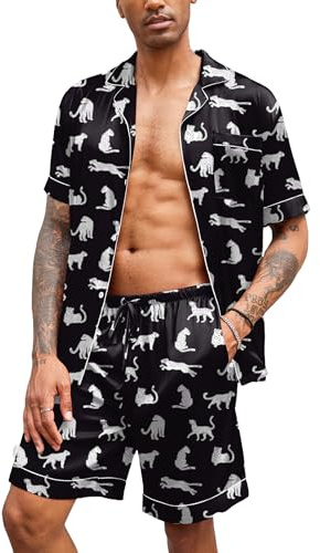 Ekouaer Conjunto de pijama de satén para hombre, camisa de manga corta con botones y pantalones cortos de seda suave con bolsillos