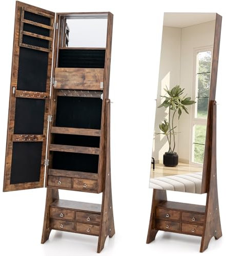 GOPLUS Armoire à Bijoux avec Miroir, 2 en 1 Armoire a Bijoux sur Pied avec Rangement, Lumière LED, Étagère Pliable et 4 Tiroirs, Organisateur de Bijoux 3 Angles Réglables pour Femmes Filles (Marron)