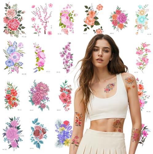 Wanmu Flower Temporary Tattoos For Women Adults, 24 Sheets Realistic Watercolor Floral Temporary Tattoos Stickers, Semi Permanent Fake Tattoos, Body Art Temp Tattoos for Thigh Finger Neck