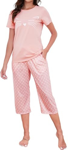 TeJoyce Dampyjamas kort bomull sommar, tvådelad pyjamas kvinnor, set kortärmad skjorta med katt och 3/4 byxor med fickor, mjuk och bekväm loungewear för att sova S–XXL