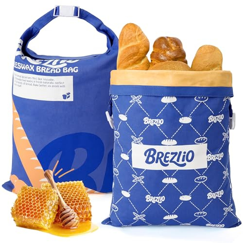 Bolsas de pan de cera de abejas 2 piezas – Bolsas de algodón reutilizables extra grandes de 32×43 cm – para mantener fresco el pan y los productos horneados (Azul + Amarillo)