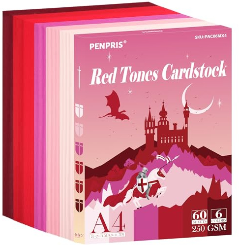 Red Tones Cardstock - 60 Sheets 6 Colours Pink A4 Size Card Stock Paper 250gsm/92lb Heavy Weight Card Stock for Printer, Card Making, DIY Crafts, Scrapbooking PAC06MX4