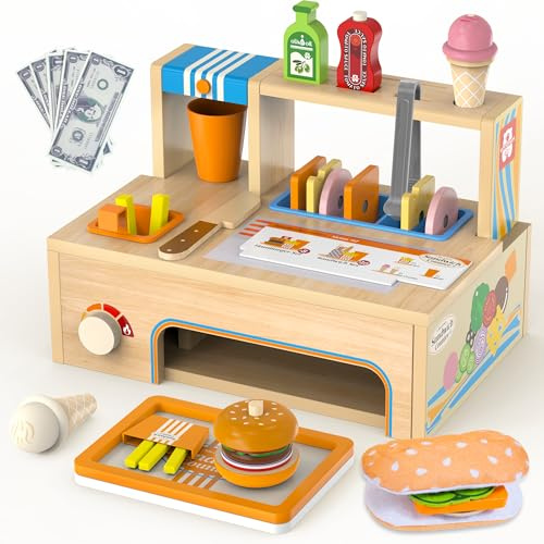 WOODMAM Sandwich Shop Jouet en Bois Montessori Accessoires de Cuisine pour Enfants Magasins et Accessoires de Jeu de rôle Cadeaux pour garçons et Filles à partir de 3 Ans