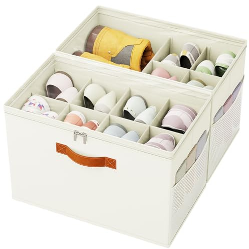IMAXTOP Shoe Organizer for Closet, 2-Pack Foldable Shoe Storage Box with Adjustable Dividers & Clear Cover, Fits 16 Pairs, Beige, Durable and Space-Saving